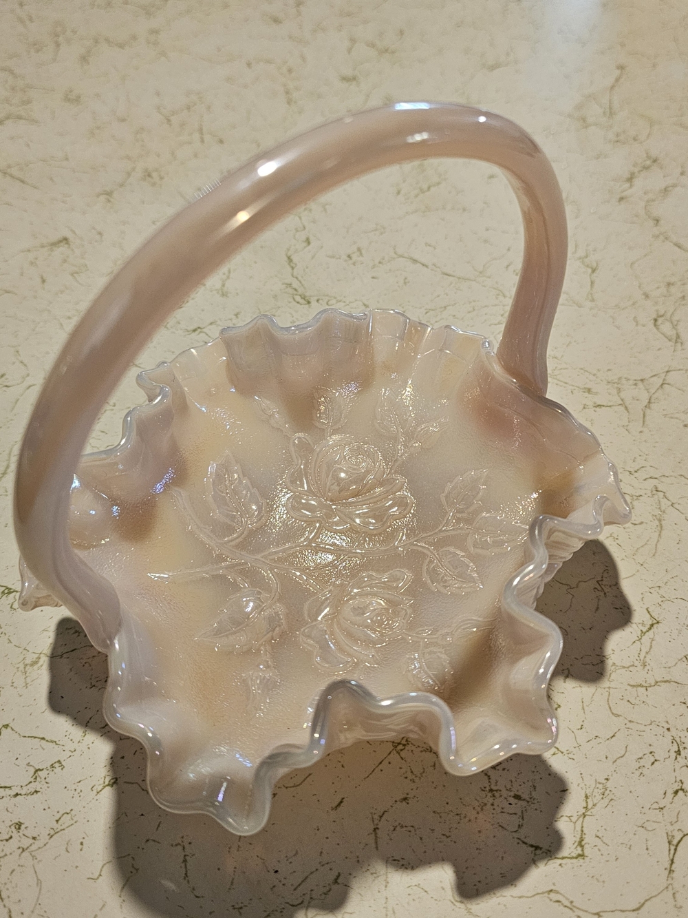 Fenton Pink Opalescent Ruffled Rose Basket